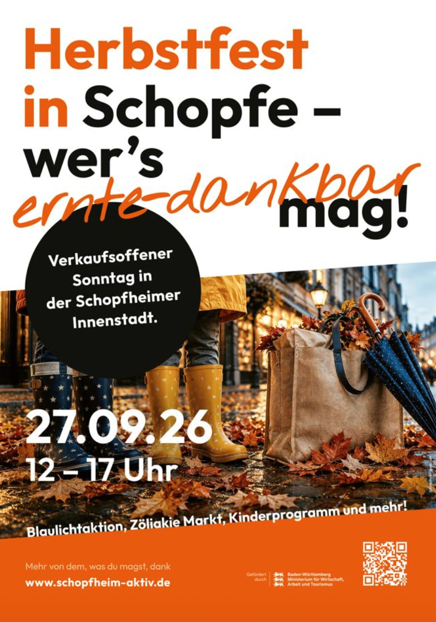 Am Sonntag, den 27.09.2026, findet dieses Jahr das Herbstfest und der verkaufsoffene Sonntag in der Schopfheimer Innenstadt statt. Aus diesem Anlass öffnet die Cafebar STADTMITTE bereits um 10 Uhr.